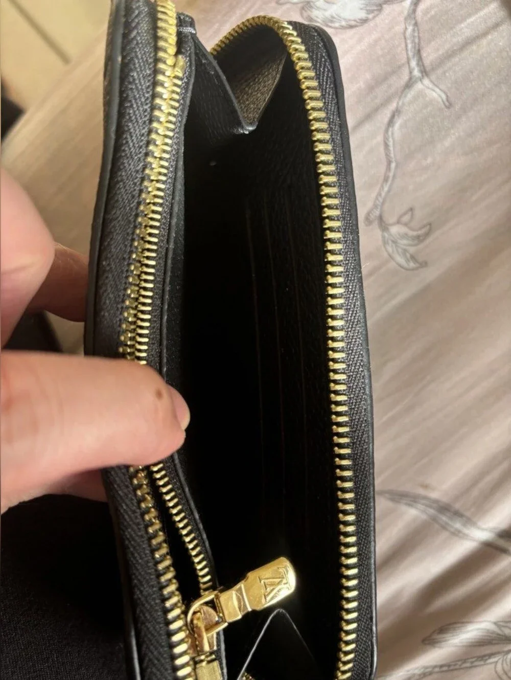 Louis Vuitton Black Embossed Monogram Zip Wallet with Gold Plate Accent